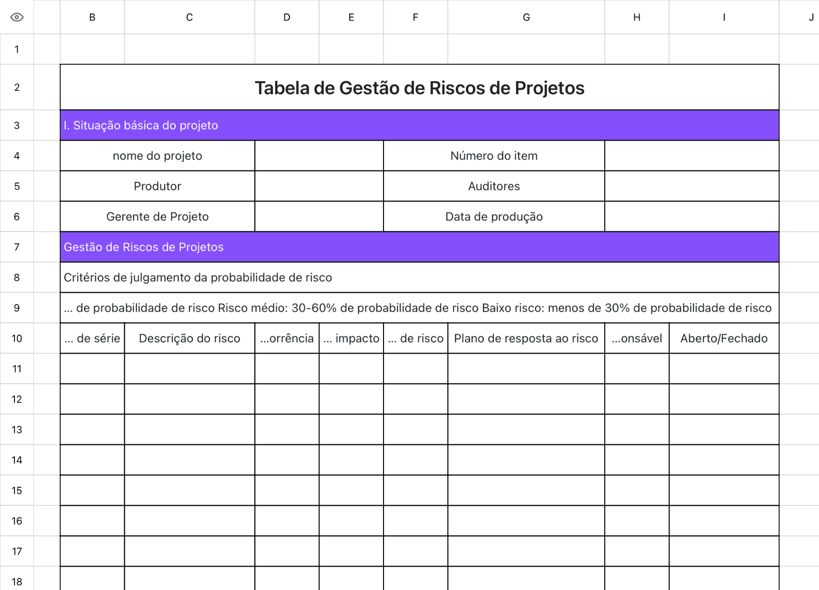 Tabela de Gestão de Riscos de Projetos